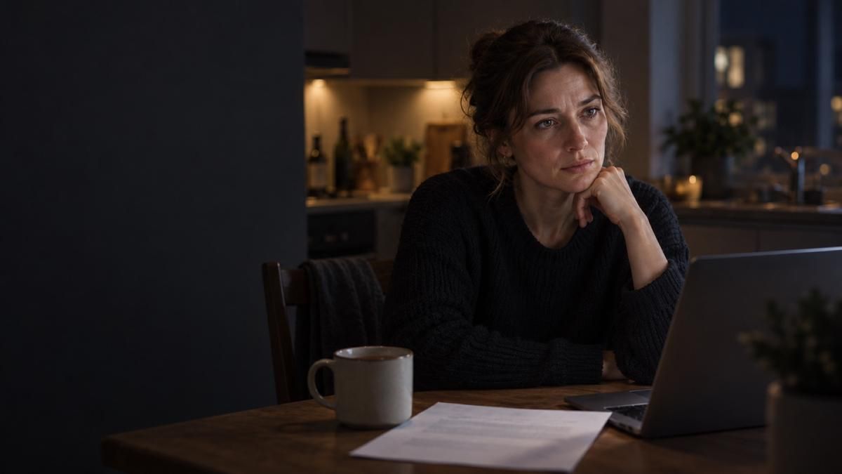 A woman at her kitchen table late at night, thinking over a letter