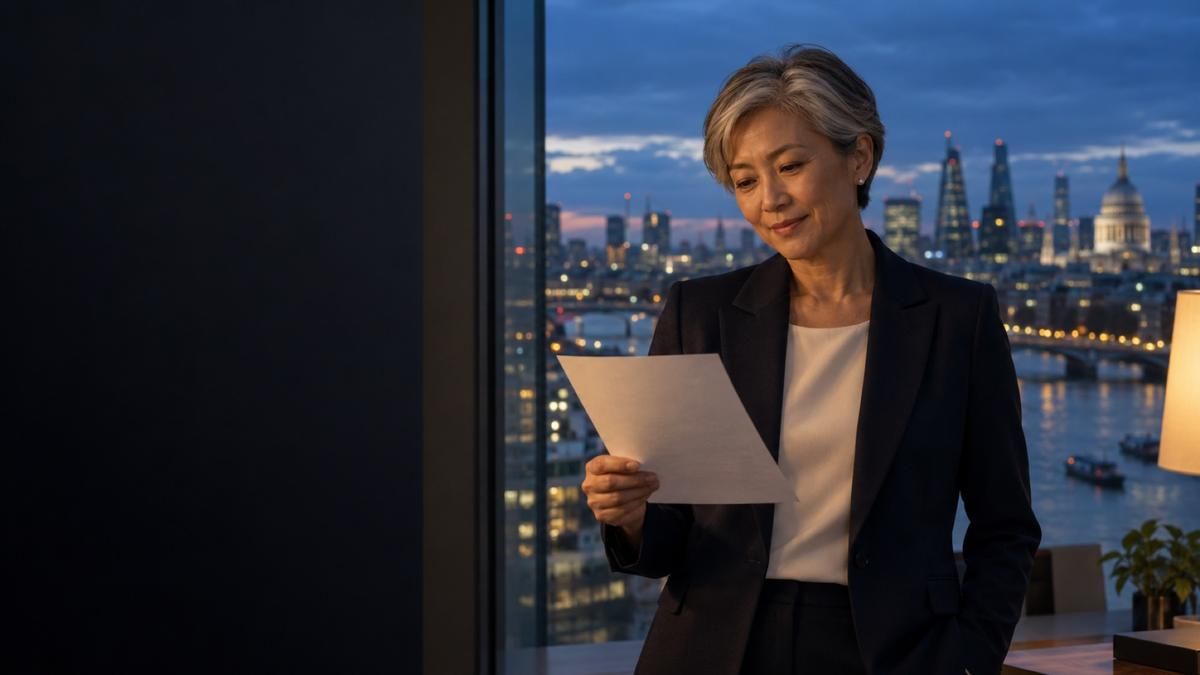 An HR manager reading a letter by a window overlooking the city