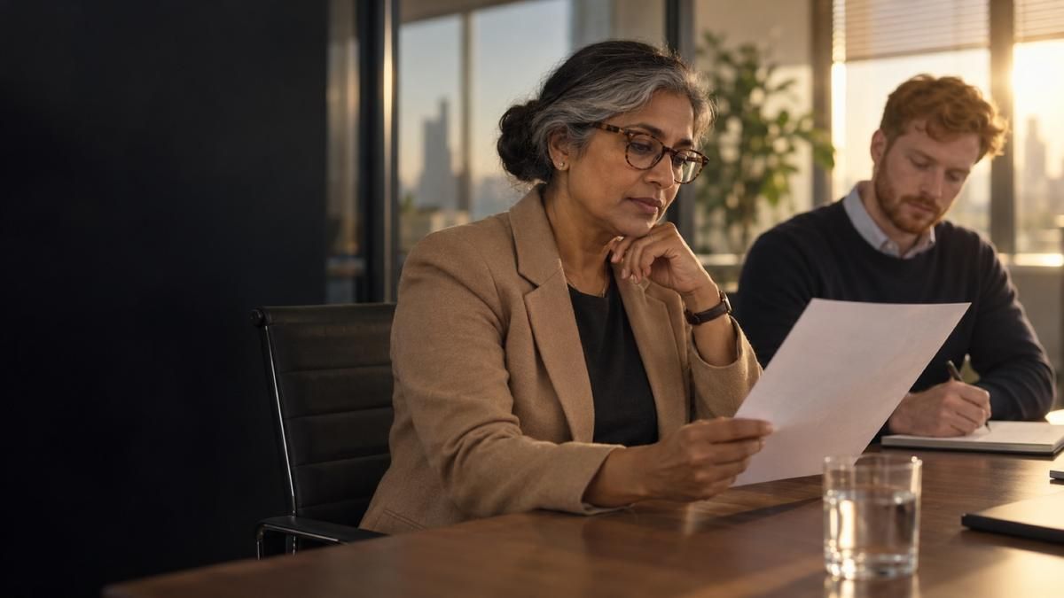 Two colleagues at a meeting table reviewing a printed letter together
