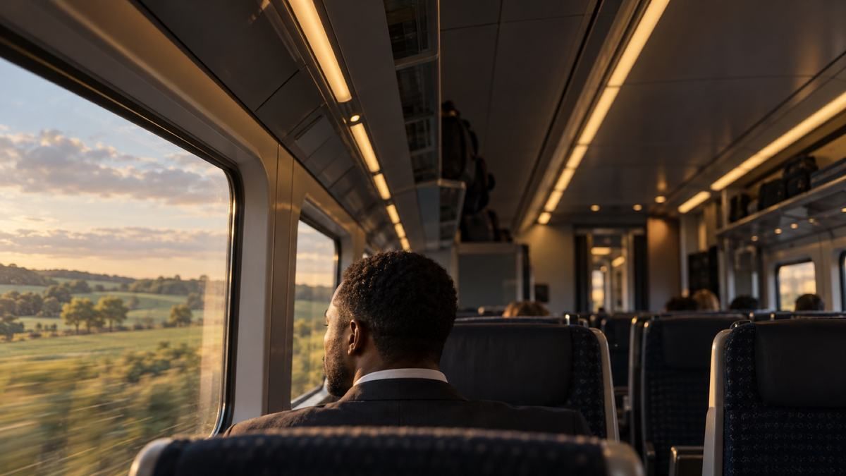 A consultant on a train in the afternoon, travelling to a client