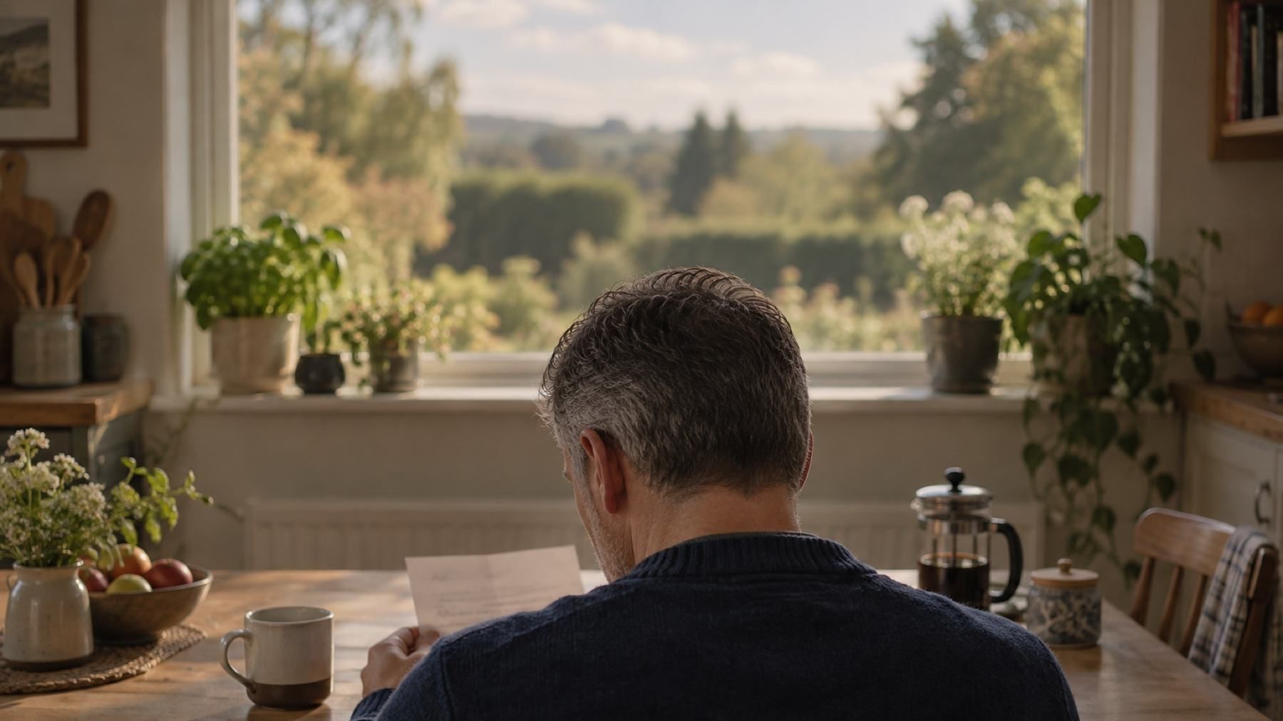 A man reading a letter at his kitchen table on a bright morning